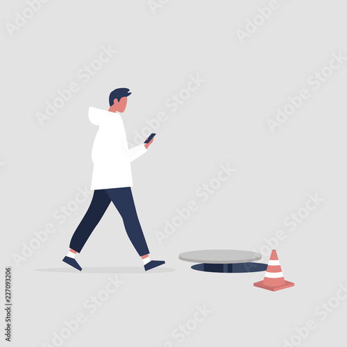 Millennial male character addicted to smartphone. Nomophobia. Open canalization hatch. Flat editable vector illustration, clip art