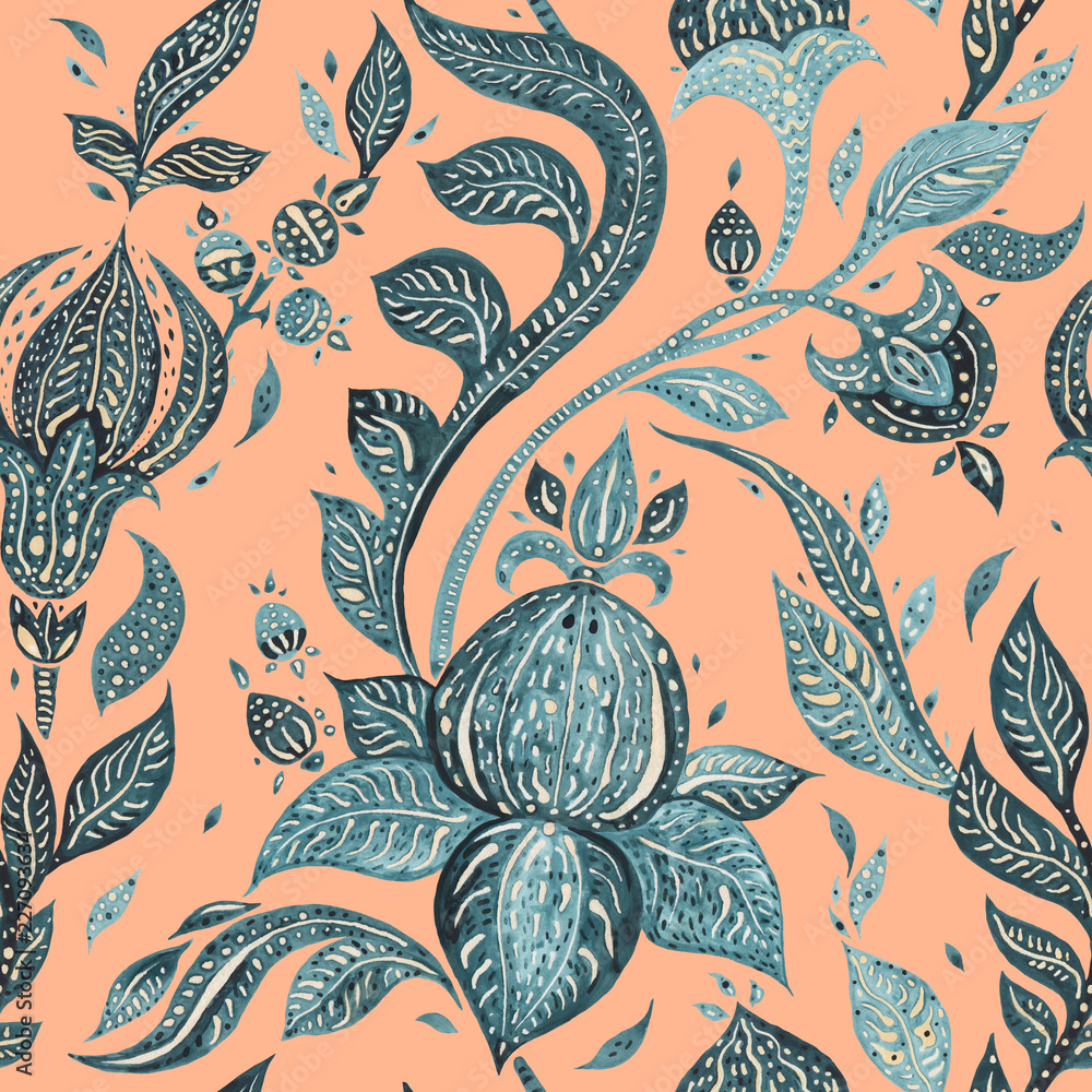 Fototapeta Abstract Flower. Hand Drawn Floral Pattern. Seamless Paisley. Watercolor illustration. Can be used for wallpaper, website background, textile, phone case print