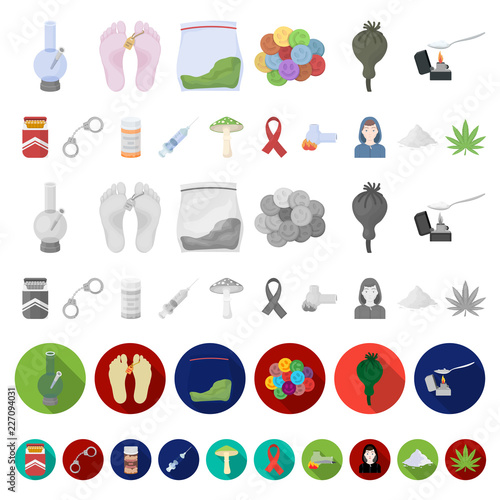 Drug addiction and attributes cartoon icons in set collection for design. Addict and Drug vector symbol stock web illustration.