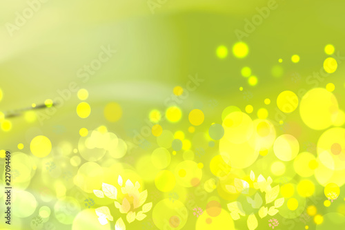 Abstract autumn gradient yellow green bright background texture with leaves and bokeh circles. Space.