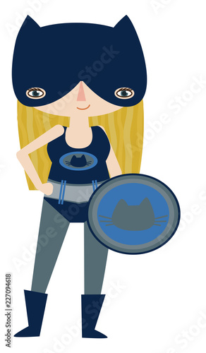 Dark blue and grey masked superheroine with cat super powers.