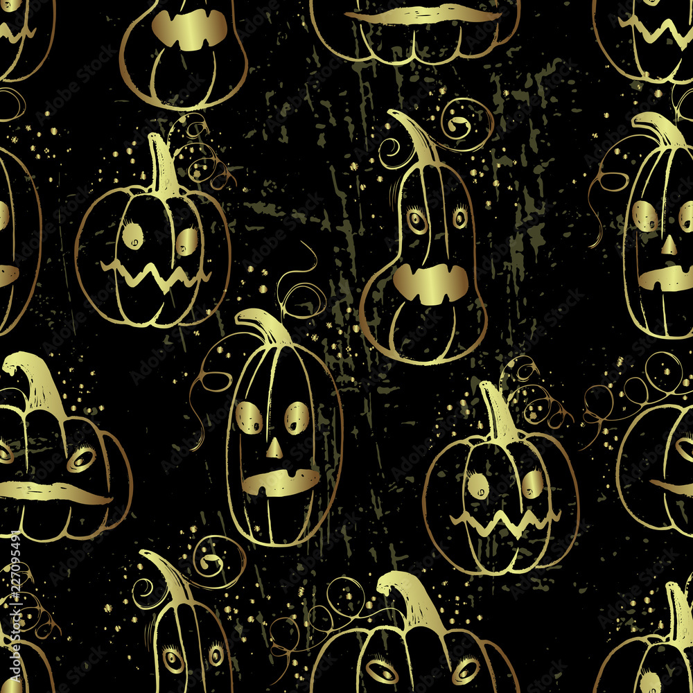 Fototapeta premium Ink hand drawn halloween pattern with pumpkin characters