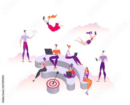 People, wi-fi, Public free wifi hotspot zone, modern flat vector illustration