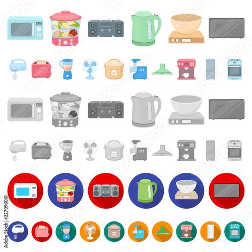 Types of household appliances cartoon icons in set collection for design.Kitchen equipment vector symbol stock web illustration.