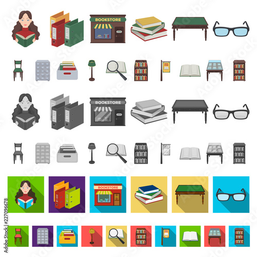 Library and bookstore cartoon icons in set collection for design. Books and furnishings vector symbol stock web illustration.