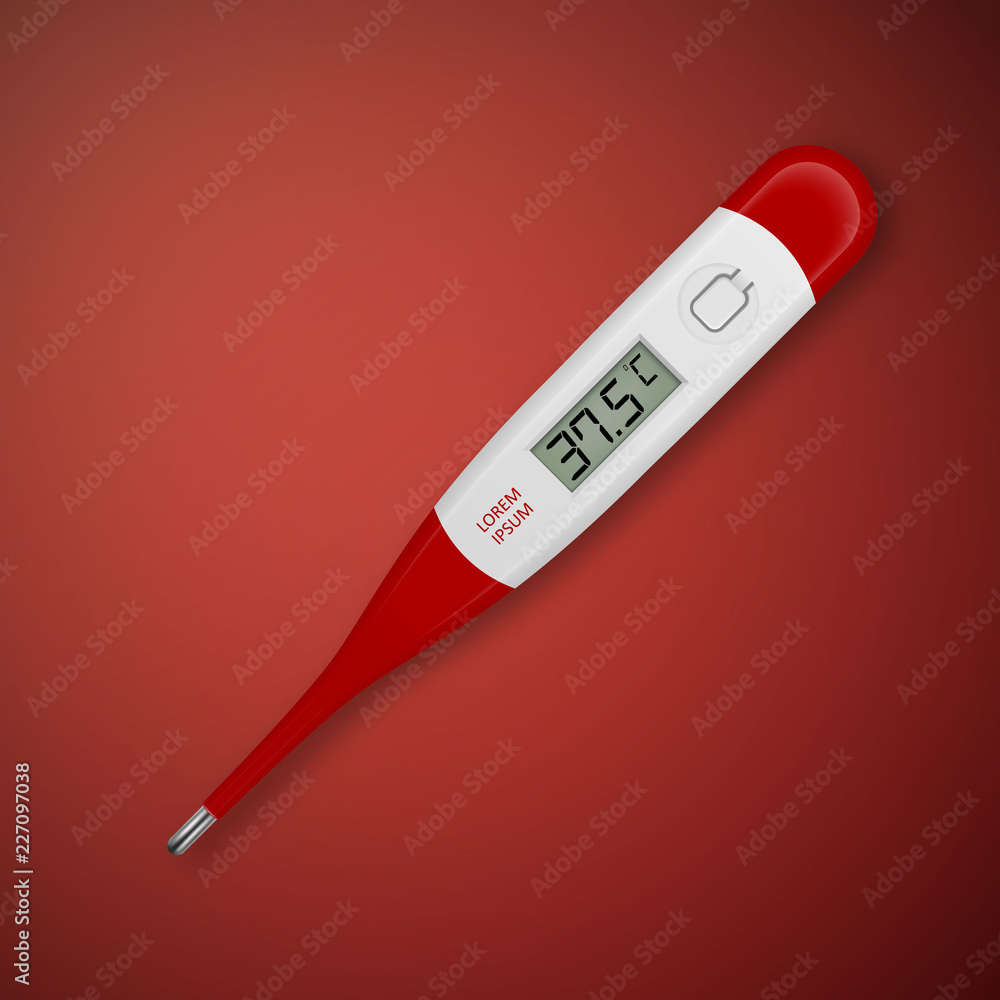 Vector realistic 3d red fever celsius electronic medical thermometer  closeup on red background. Design template of digital thermometer showing  fever 37.5. Top view. Health and diseases concept Stock Vector | Adobe Stock