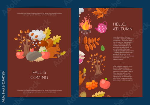 Vector cartoon autumn elements and leaves card or flyer template illustration. Set of web banner
