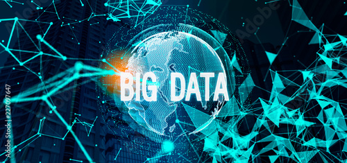 big data concept.White big data hologram against a blurred blue background. Concept of hi tech and innovation in business and production. Toned image double exposure Elements of world.