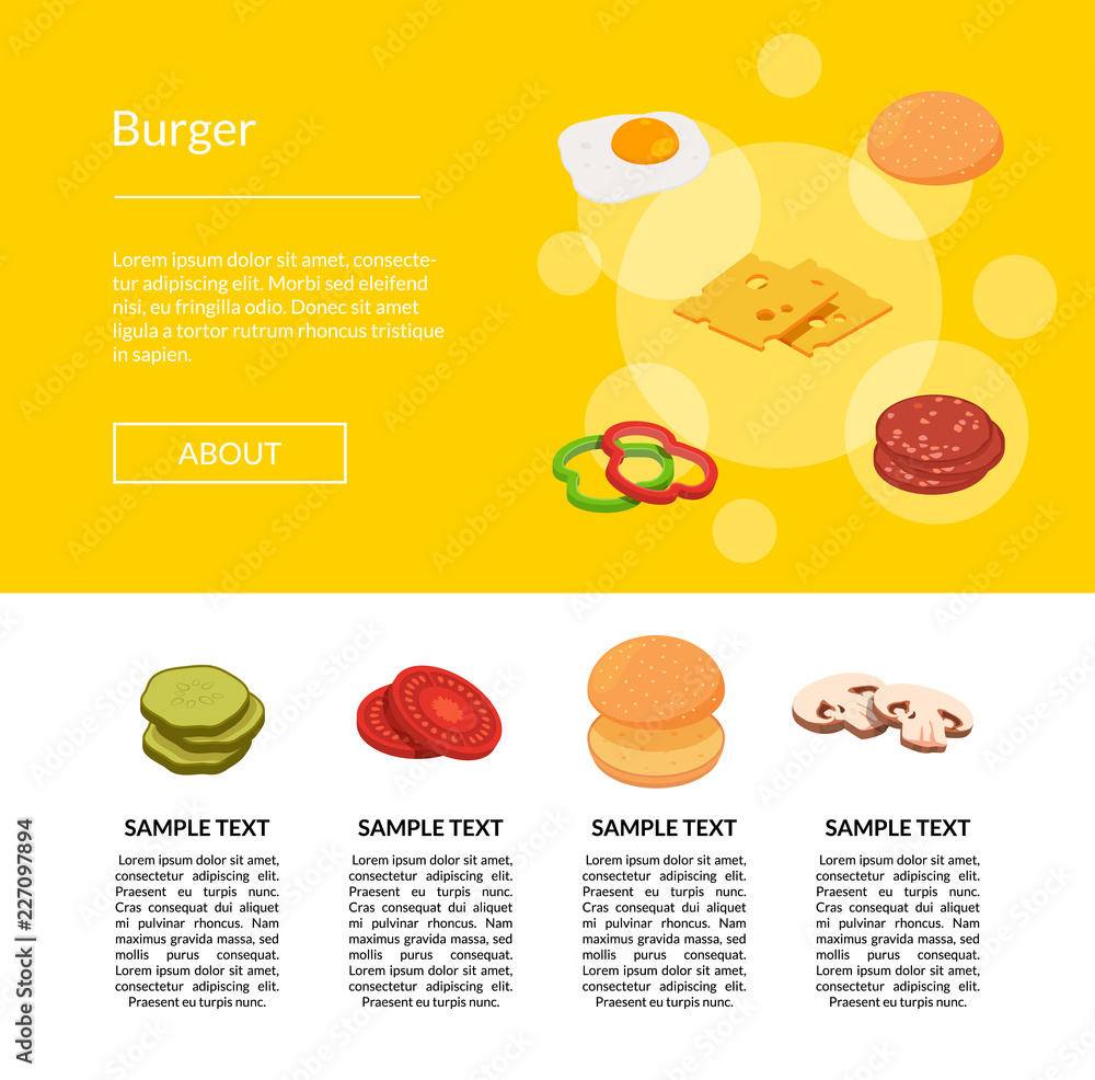 Vector isometric burger ingredients landing page template illustration for web site