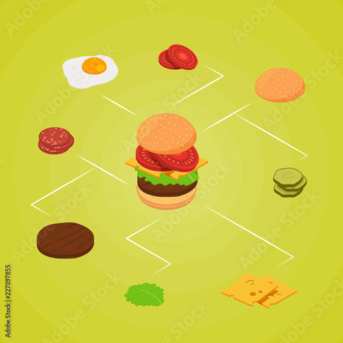 Vector isometric burger ingredients infographic concept illustration. Colored 3d banner and poster chart
