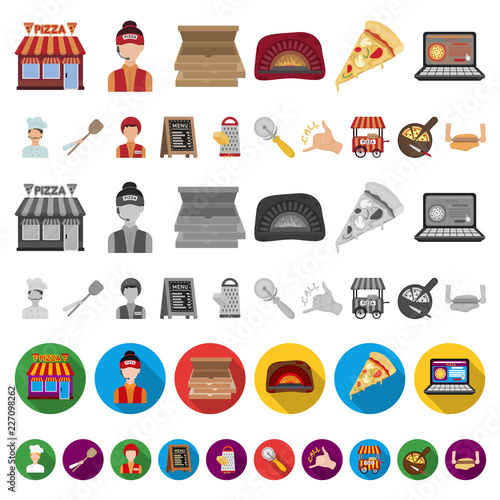 Pizza and pizzeria cartoon icons in set collection for design. Staff and equipment vector symbol stock web illustration.