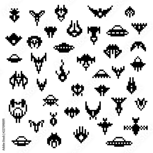 Pixel alien spaceships, a vector set of retro style 8 bit icons, old school pixel art space game sprites, various classic invaders ship silhouettes isolated on white