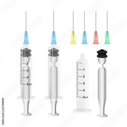 Realistic plastic syringe with various color hypodermic needles, medical single use syringe vector illustration isolated on white, semi-transparent and may be used with various  backgrounds