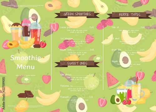 Vector flat smoothie elements cafe or restaurant menu template illustration. Banner and poster