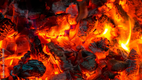 Background of burning hot coals, actively smoldering embers of fire