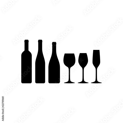 Basic wine glasses and wine bottles vector silhouette icons. Wine glass and wine bottle types.