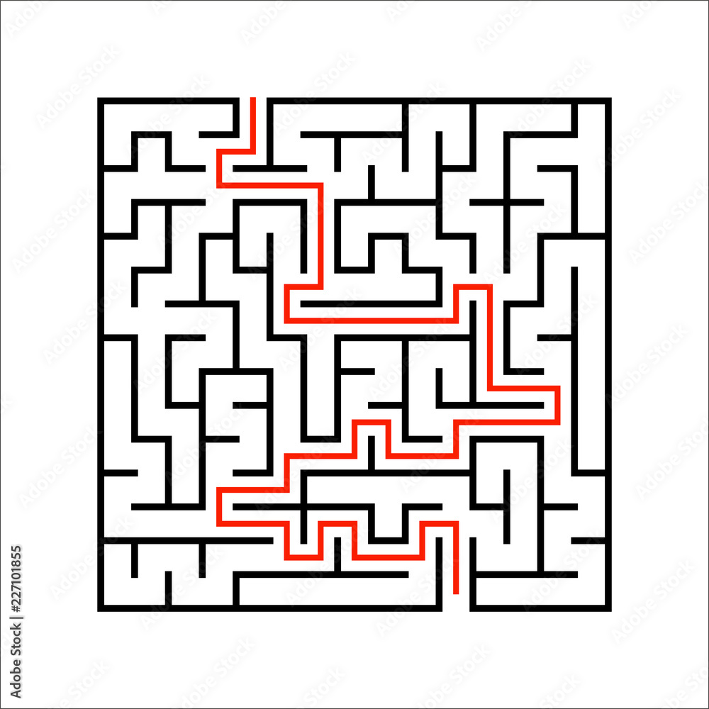 Abstract square maze. Game for kids. Puzzle for children. One entrances, one exit. Labyrinth conundrum. Simple flat vector illustration isolated on white background. With answer. Abstract square maze. Game for kids. Puzzle for children. One entrances, one exit. Labyrinth conundrum. Simple flat vector illustration isolated on white background. With answer.
