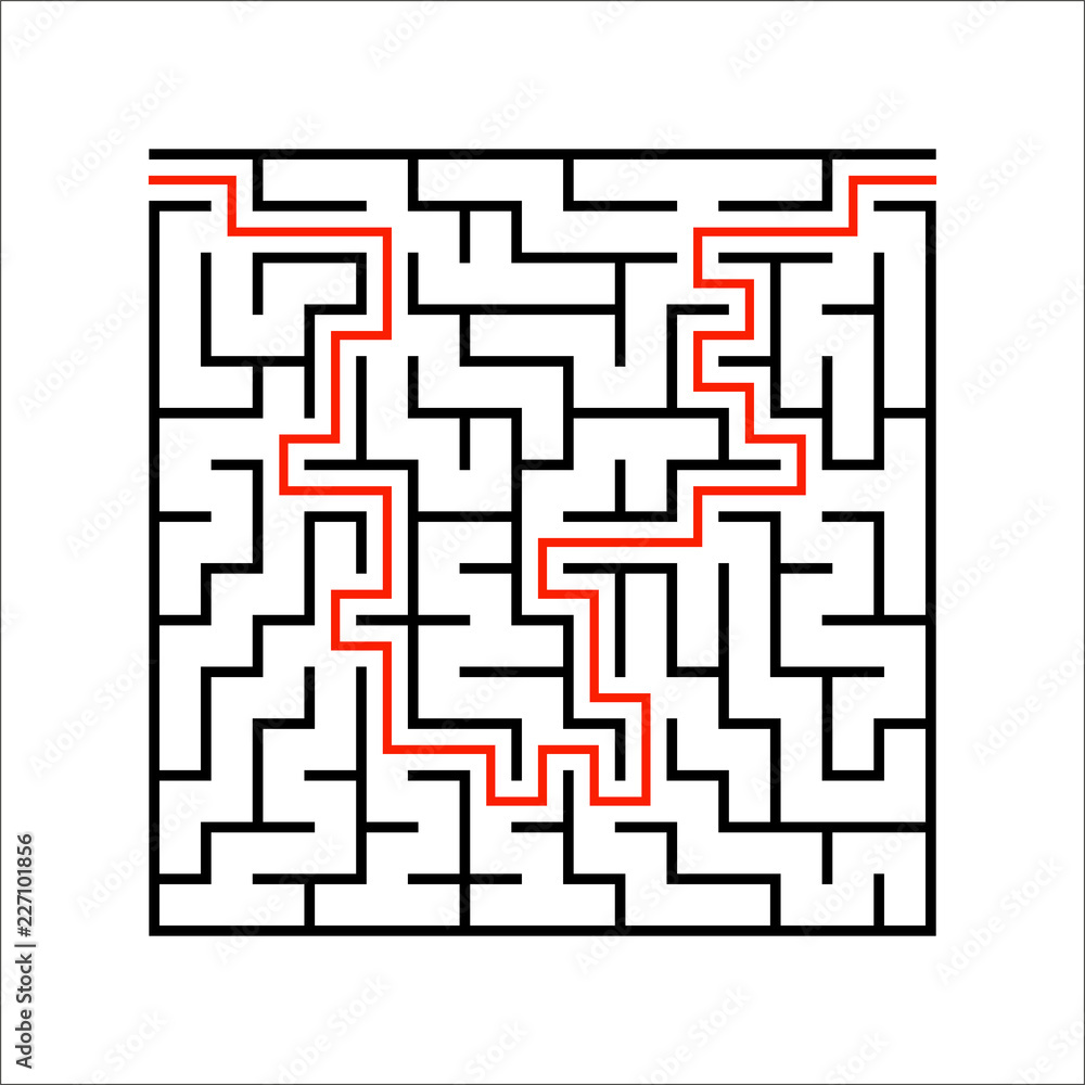 Abstract square maze. Game for kids. Puzzle for children. One entrances, one exit. Labyrinth conundrum. Simple flat vector illustration isolated on white background. With answer. Abstract square maze. Game for kids. Puzzle for children. One entrances, one exit. Labyrinth conundrum. Simple flat vector illustration isolated on white background. With answer.