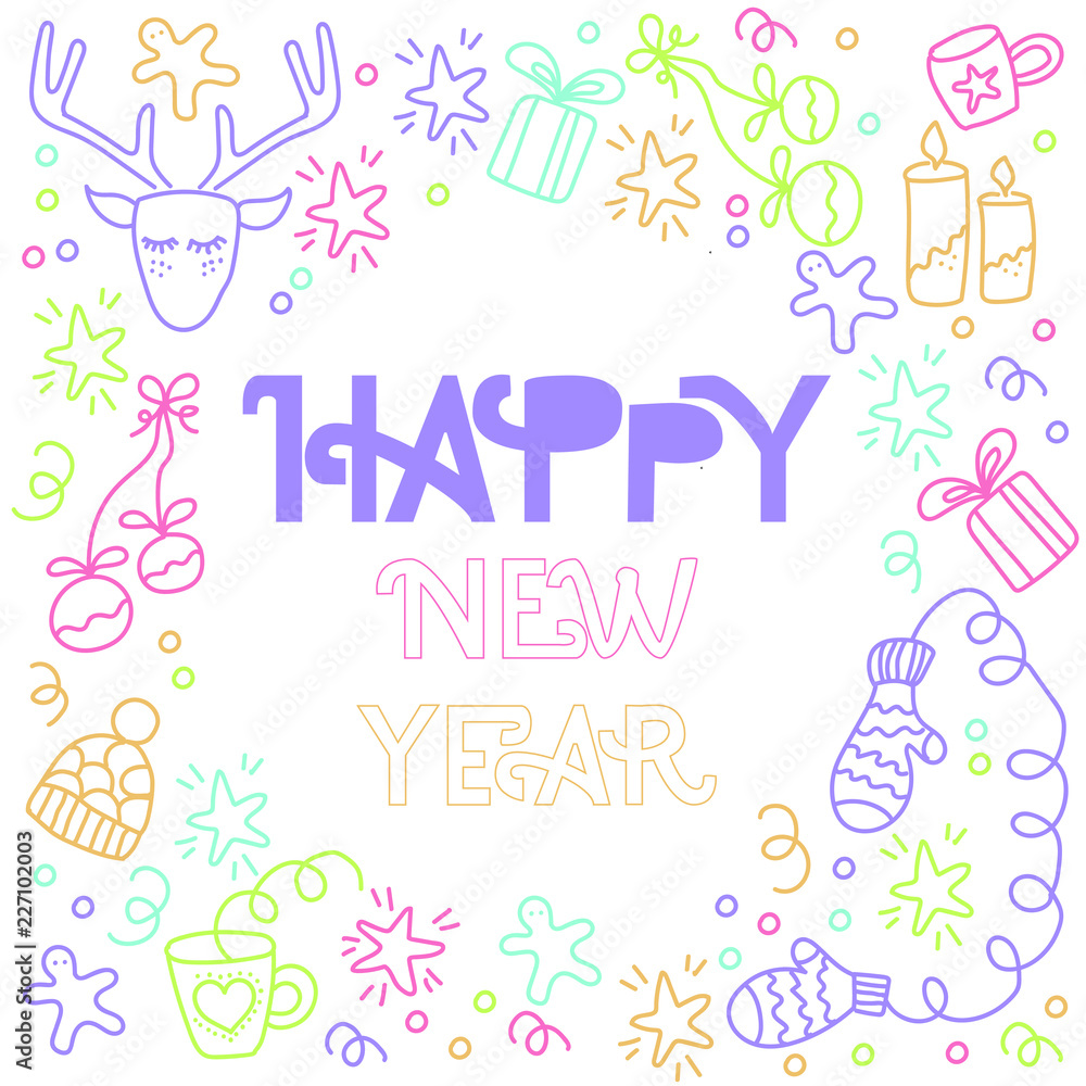 Happy New Year Card. Hand drawn doodle illustration for your invitation, flyer, poster, t-shirt design or blog post. Pastel colour's theme. Happy New Year Card. Hand drawn doodle illustration for your invitation, flyer, poster, t-shirt design or blog post. Pastel colour's theme.