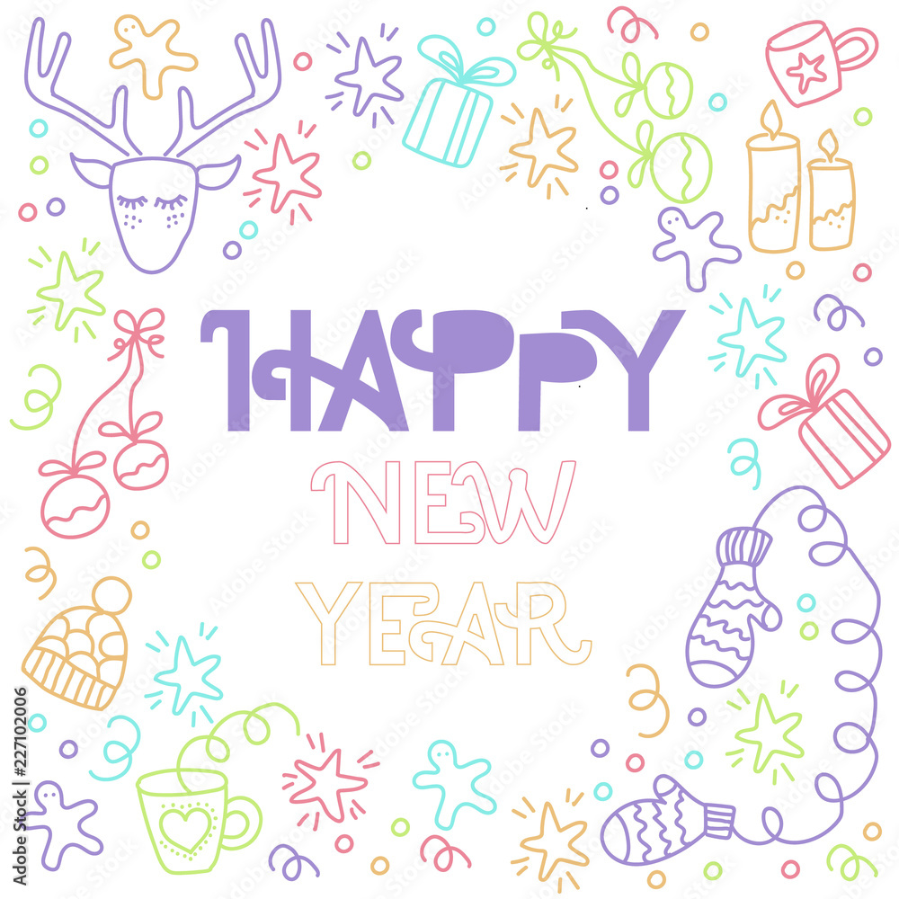 Happy New Year Card. Hand drawn doodle illustration for your  invitation, flyer, poster, t-shirt design or blog post. Pastel colour's theme.