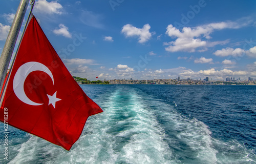 Beautiful View of Bosphorus Coastline with Flag of Turkey in Istanbul