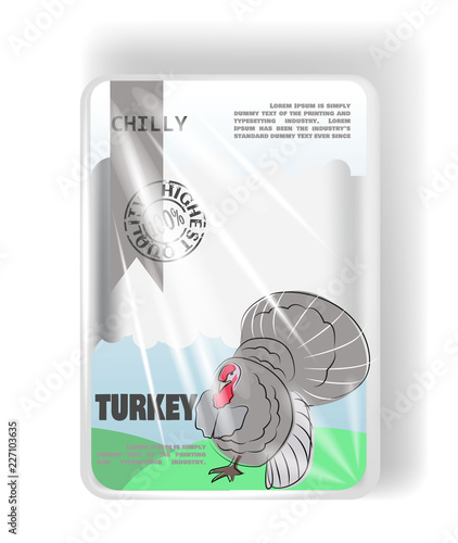 Plastic container tray with cellophane cover. For Turkey meat. Vector.