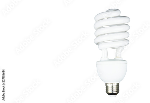 Energy saving spiral fluorescent light bulb on isolated white background with copy space. concept of interior design, tool, equipment, save the earth or creative idea or innovation