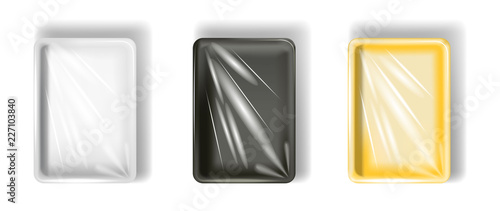 Set of white, yellow, black polystyrene packaging, with transparent film. Isolated on white background. Vector.