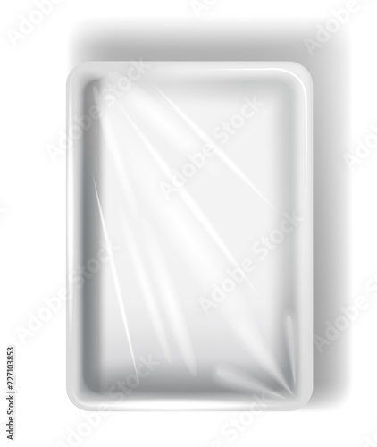 White polystyrene packaging, with transparent film. Isolated on white background. Vector.