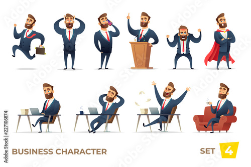 Businessman collection. Bearded charming business men in different situations. Manager character design.