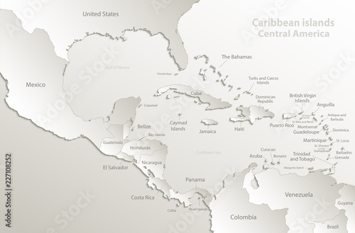 Caribbean islands  Central America map  separate states  state names  card paper 3D natural vector