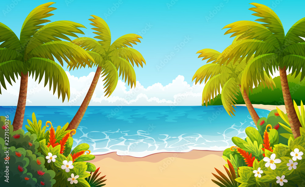 Tropical island vector illustration. Beach with palm trees, bushes and flowers.