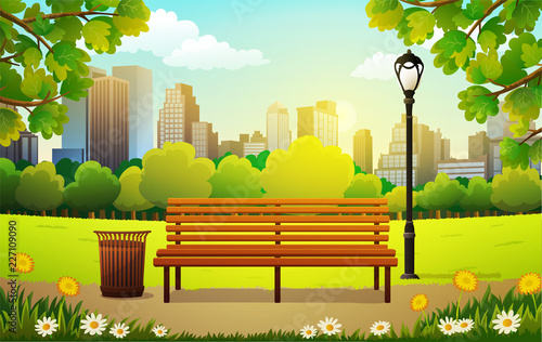 Vector illustration of bench and streetlight in city park with skyscrapers background in spring.