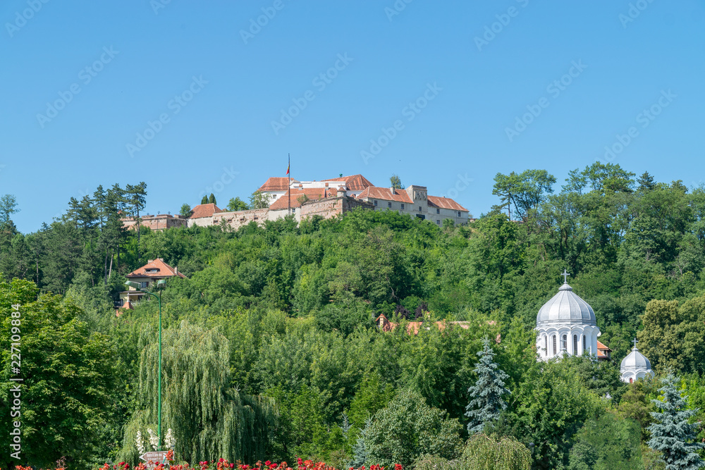 Brasov fortress viewed from historic center in Brasov, Romania
