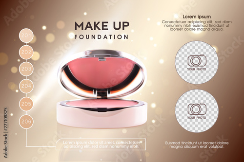 Cosmetic ads, pink 3D cheek blush or make up promotion powder ads. Modern Premium VIP ccosmetics package background. Make-up powder for sale. Elegant face powder compact illustration vector design.