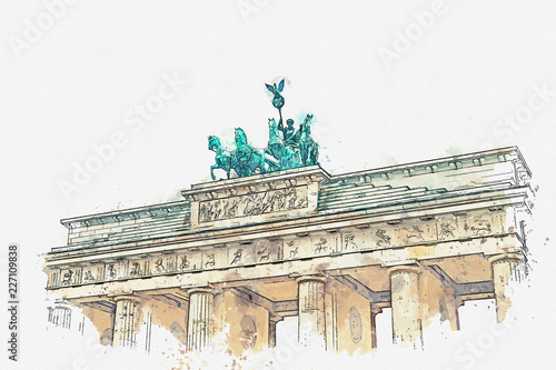 A watercolor sketch or illustration of the Brandenburg gate in Berlin, Germany. Architectural monument in historic center of Berlin.