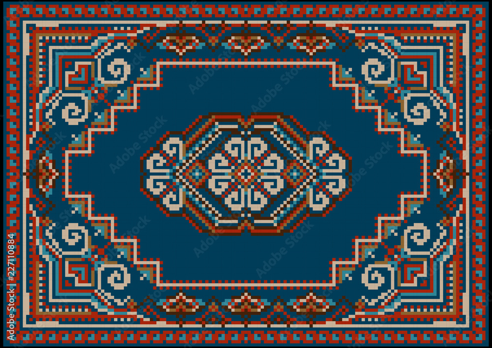 Vintage luxurious motley carpet in blue  and  red shades with  pattern on a  blue field in the center
