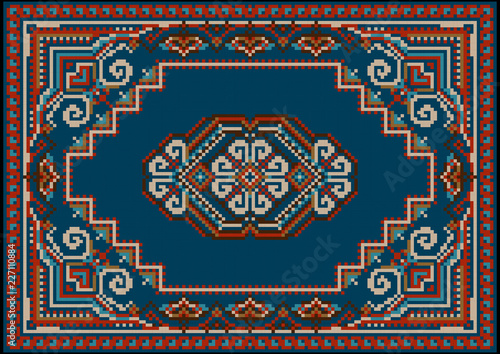 Vintage luxurious motley carpet in blue  and  red shades with  pattern on a  blue field in the center

