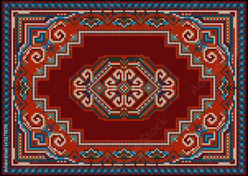 Vintage luxurious motley carpet in red and blue shades with pattern on a burgundy field in the center
