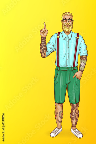 Vector pop art blonde haired man with beard, in blue shirt, green shorts and glasses. Guy with tattoos points with finger at sales, discounts. Character isolated on yellow background for poster