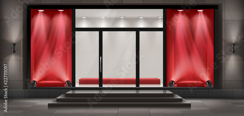 Vector concept background, boutique shop facade with signboard. Storefront with brick wall, entrance with large glass door and empty illuminated red showcases. Template of building exterior