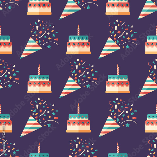 Party crackers and cakes flat art seamless pattern.