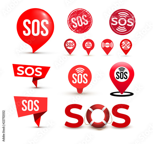 Set of SOS marker, sign, icon, label. Vector illustration. Isolated on white background.