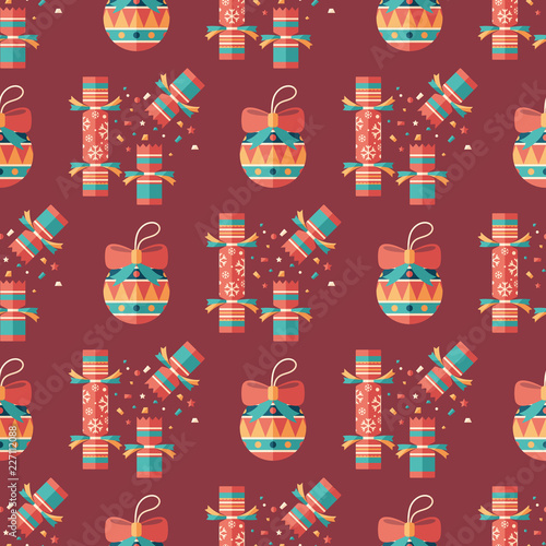 Christmas crackers and decor flat art seamless pattern.