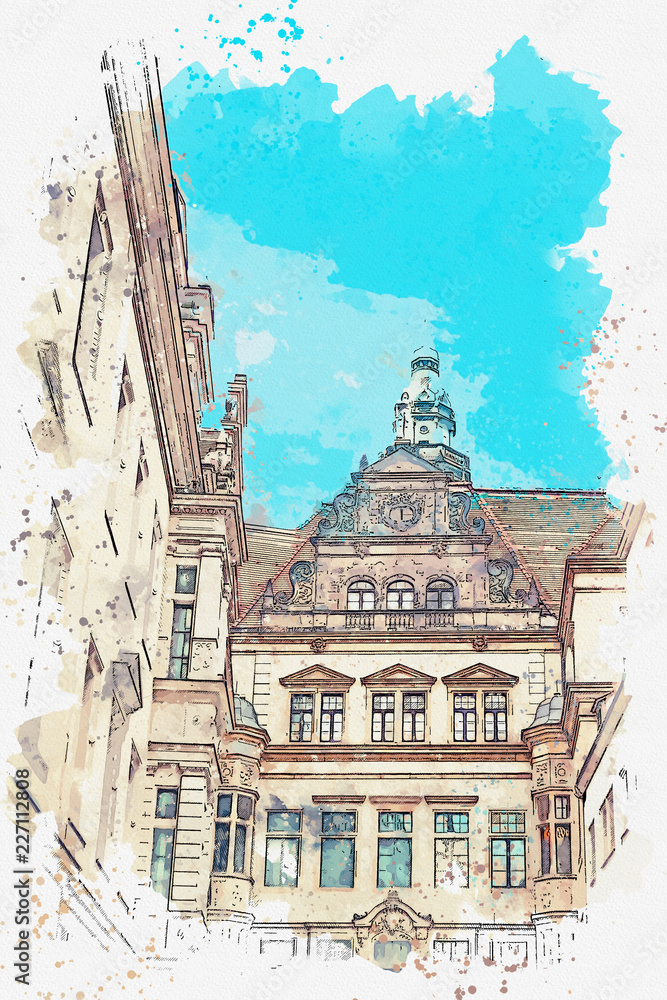 Fototapeta premium A watercolor sketch or illustration. Part of the ancient architectural complex called the Royal Palace built in the 16th century in Dresden in Germany.