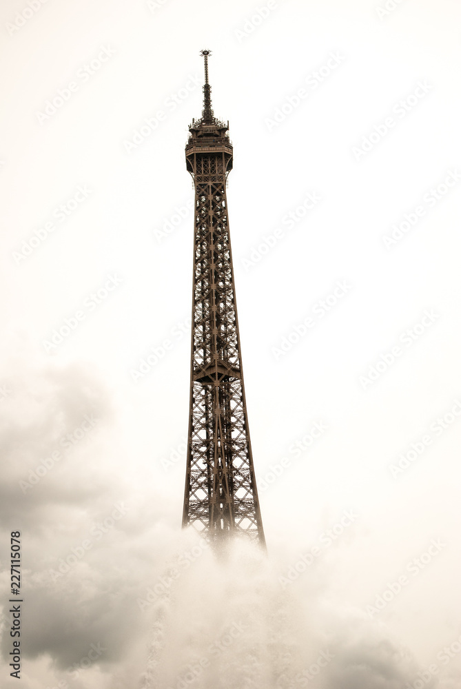 Eiffel tower with water cloud and white sky