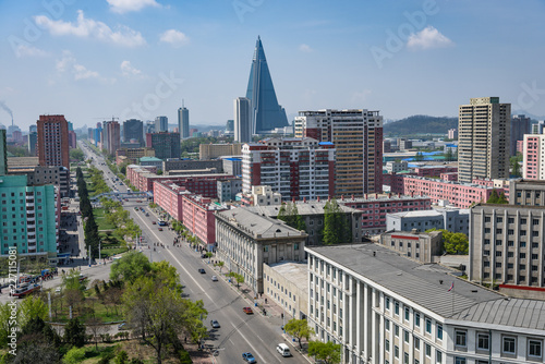 Pyongyang city scape, skyline of Pyongyang in North Korea, capital of DPRK (Democratic people's republic of Korea), road, cars and skyscrapers