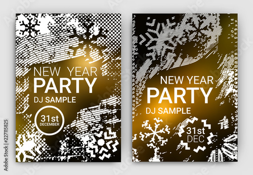 Poster Set for New Year's Eve Party Celebration - Grunge Stylized Snow with geometric snowflake design elements - Gold and white design