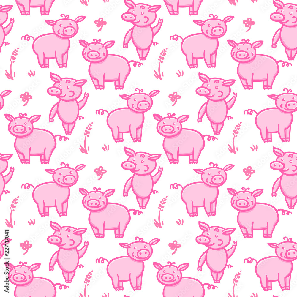 Pigs pink cute doodle pencil hand drawing. Seamless pattern. Inscription Happy New Year. Chinese year sign piglet 2019. Vector illustration isolated on white background. Pigs pink cute doodle pencil hand drawing. Seamless pattern. Inscription Happy New Year. Chinese year sign piglet 2019. Vector illustration isolated on white background.