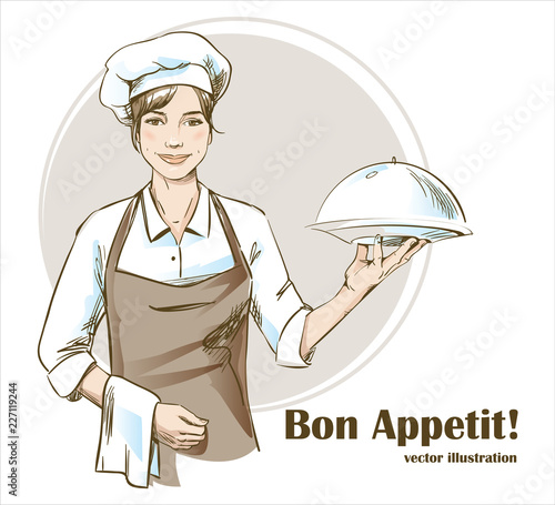 Smiling and happy female chef. Woman chef is holding a restaurant cloche. Hand drawn vector illustration.